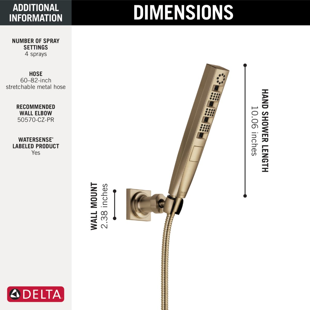 DELTA Universal Showering Components H2OKINETIC 4-Setting Wall Mount Hand Shower — Lumicoat® Champagne Bronze