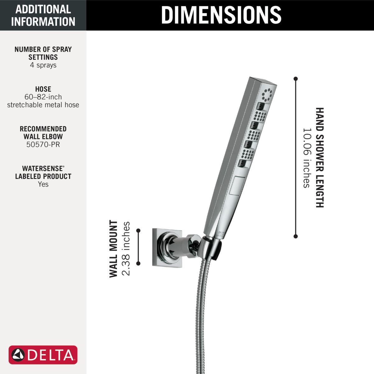 DELTA Universal Showering Components H2OKINETIC 4-Setting Wall Mount Hand Shower — Lumicoat® Chrome
