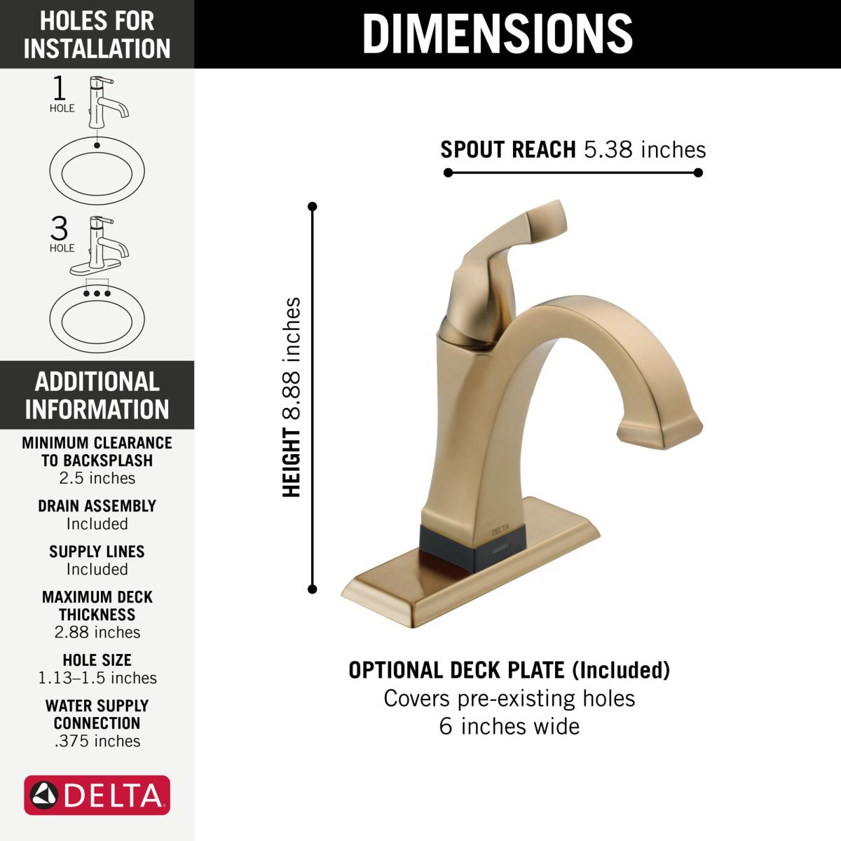 DELTA Dryden Touch2O Bathroom Faucet with Touchless Technology — Champagne Bronze