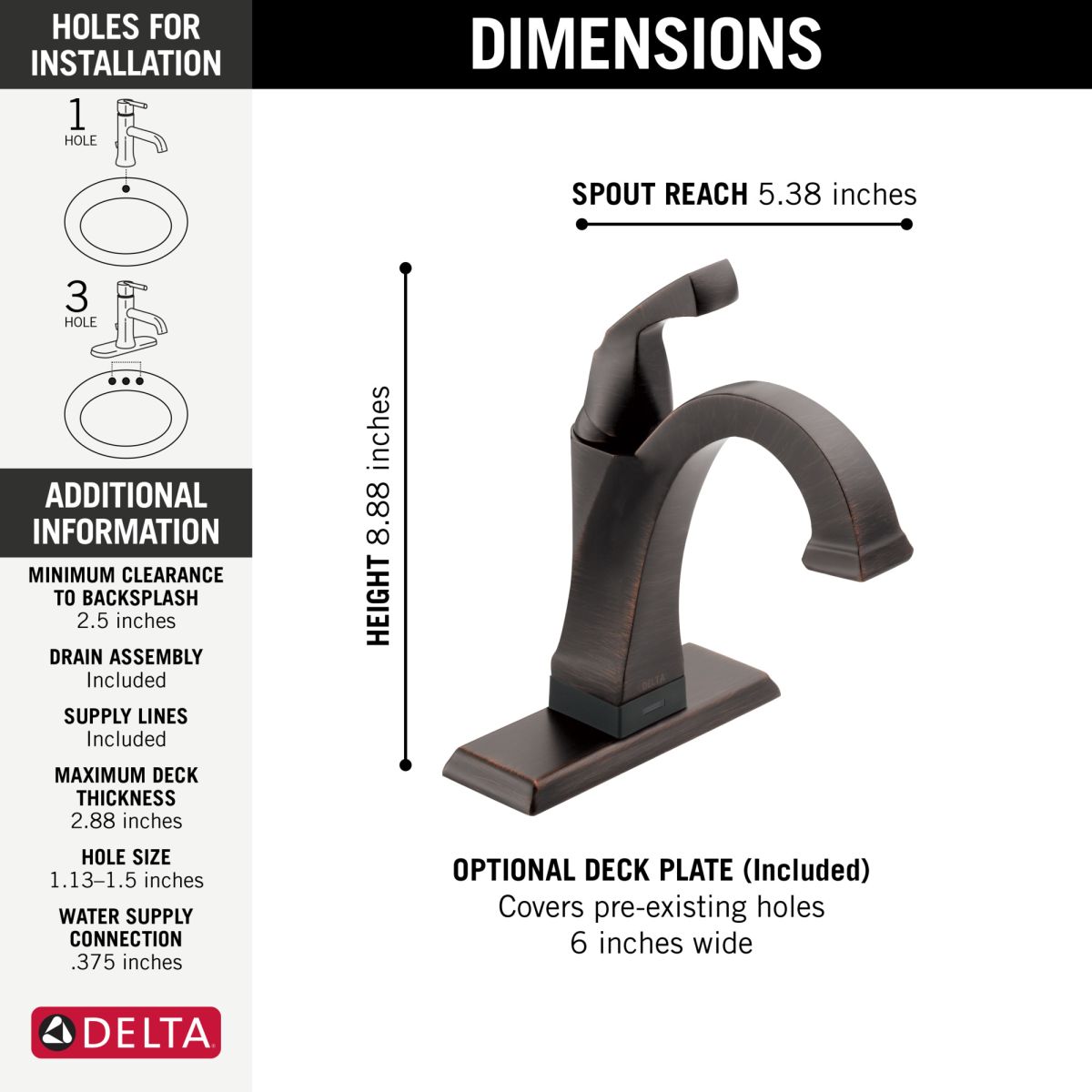DELTA Dryden Touch2O Bathroom Faucet with Touchless Technology — Venetian Bronze