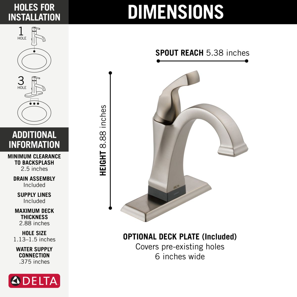 DELTA Dryden Touch2O Bathroom Faucet with Touchless Technology — Stainless