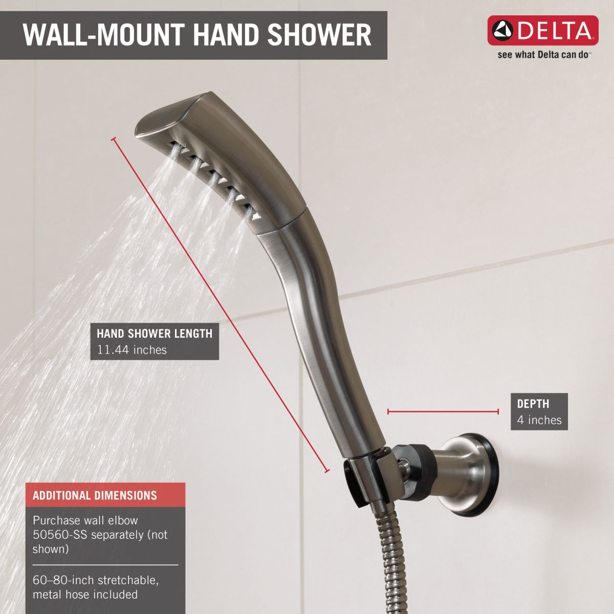 DELTA Universal Showering Components H2OKINETIC Single-Setting Adjustable Wall Mount Hand Shower — Stainless