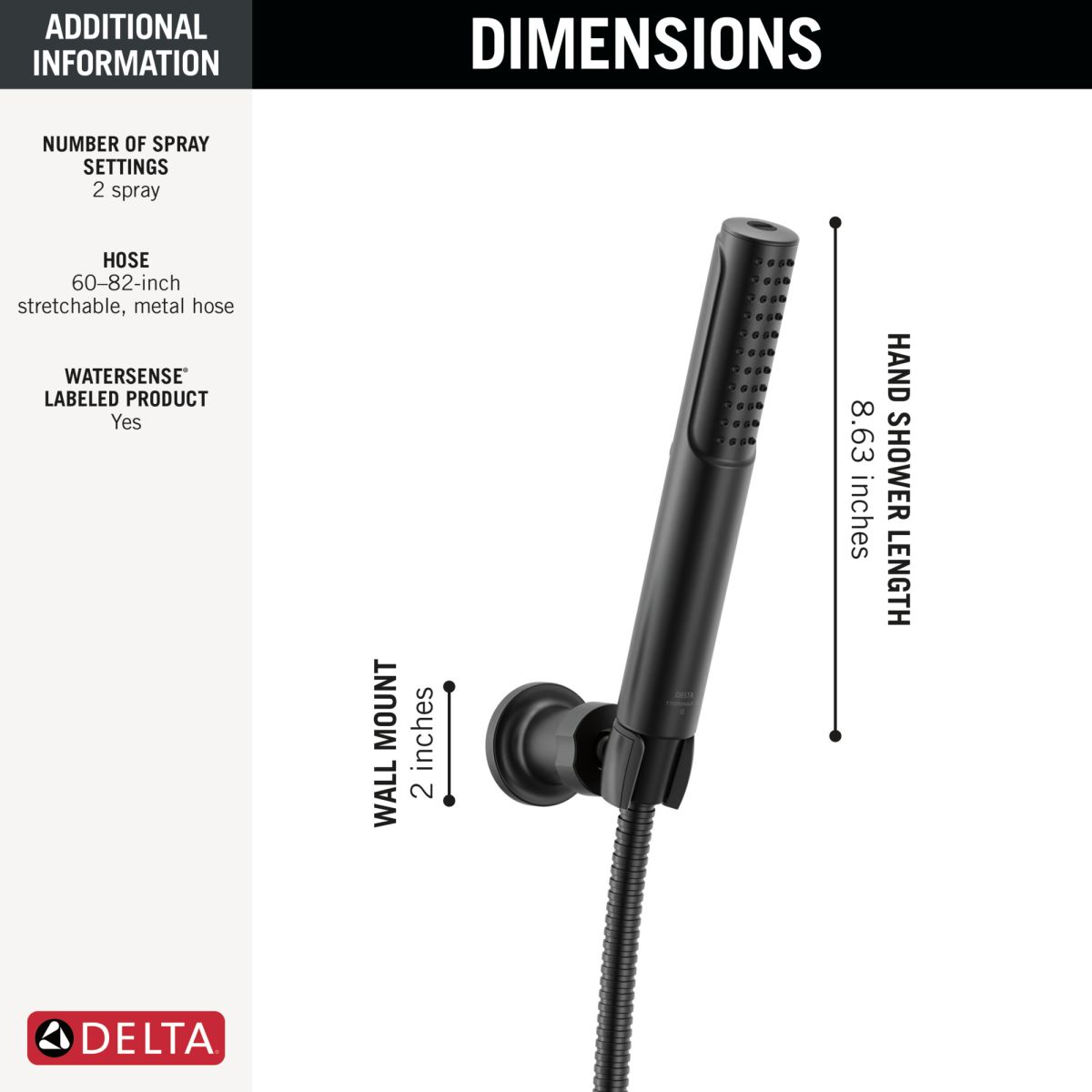 DELTA Universal Showering Components 2-Setting Hand Shower with ProClean Spray – Wall Mount — Matte Black