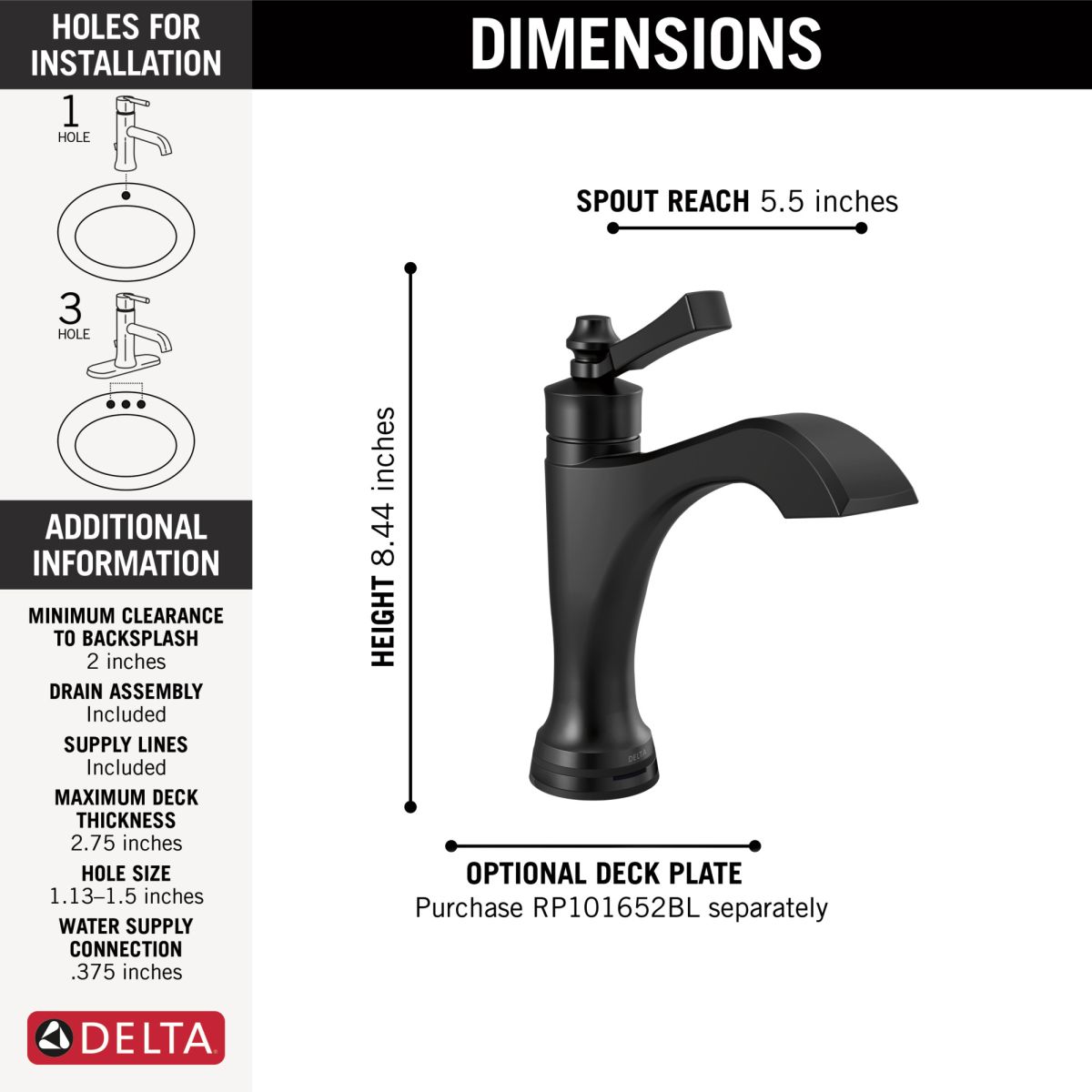 DELTA Dorval Touch2O Bathroom Faucet with Touchless Technology — Matte Black