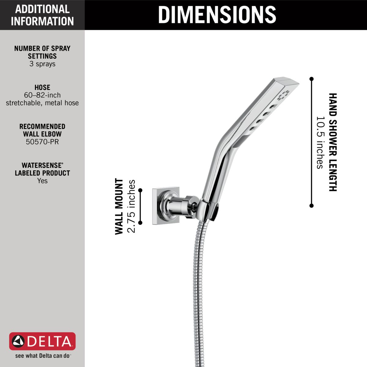 DELTA Universal Showering Components H2OKINETIC 3-Setting Wall Mount Hand Shower — Lumicoat® Chrome