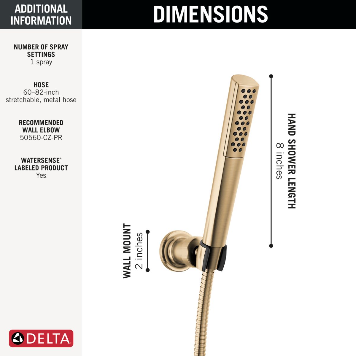 DELTA Universal Showering Components Premium Single-Setting Adjustable Wall Mount Hand Shower — Lumicoat® Champagne Bronze