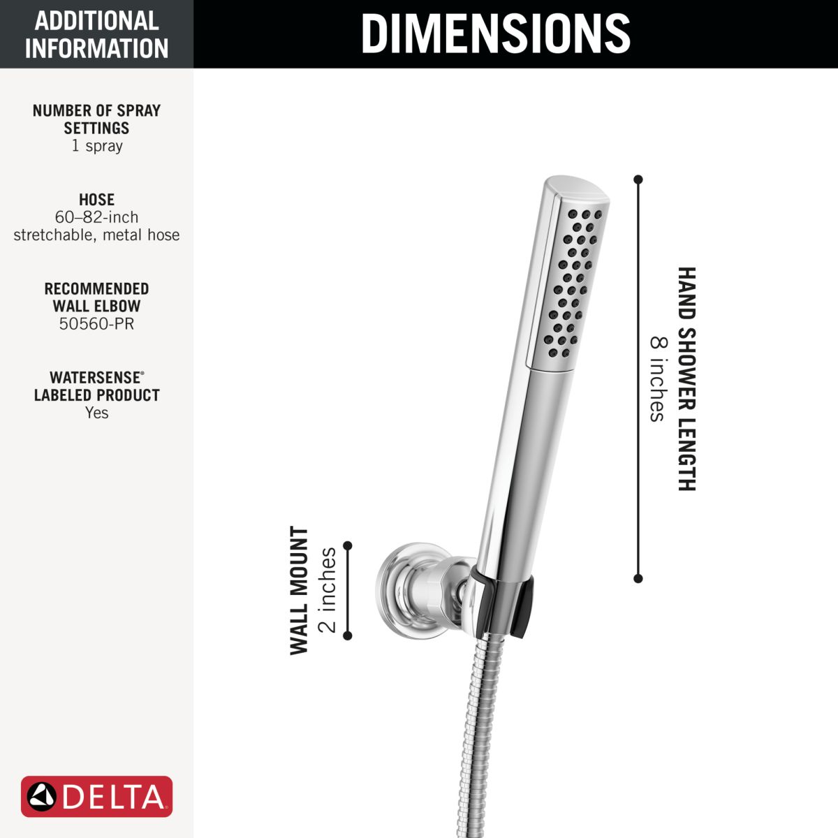 DELTA Universal Showering Components Premium Single-Setting Adjustable Wall Mount Hand Shower — Lumicoat® Chrome
