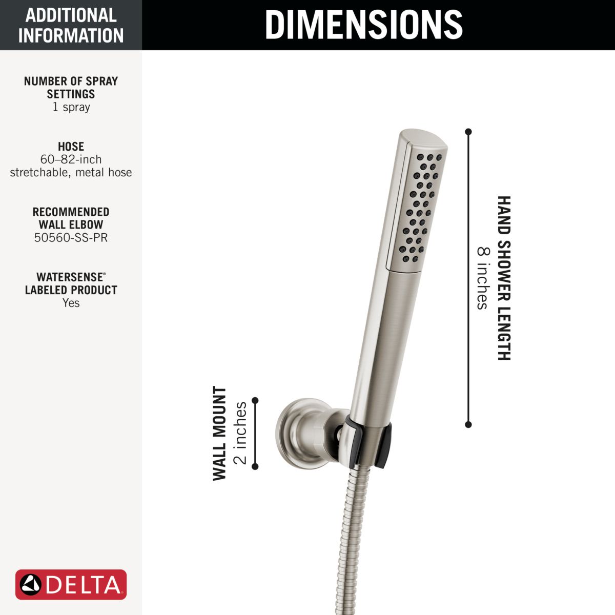DELTA Universal Showering Components Premium Single-Setting Adjustable Wall Mount Hand Shower — Lumicoat® Stainless