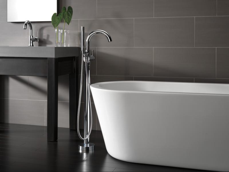 DELTA Trinsic Single Handle Floor Mount Tub Filler Trim with Hand Shower — Chrome