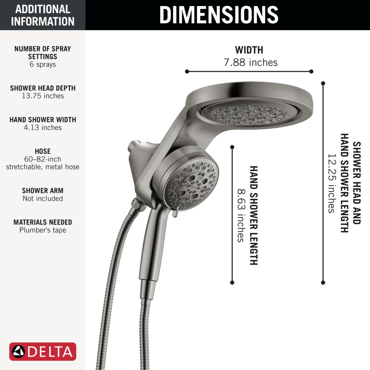 DELTA Universal Showering Components 6-Setting HydroRain with ProClean — Lumicoat® Black Stainless