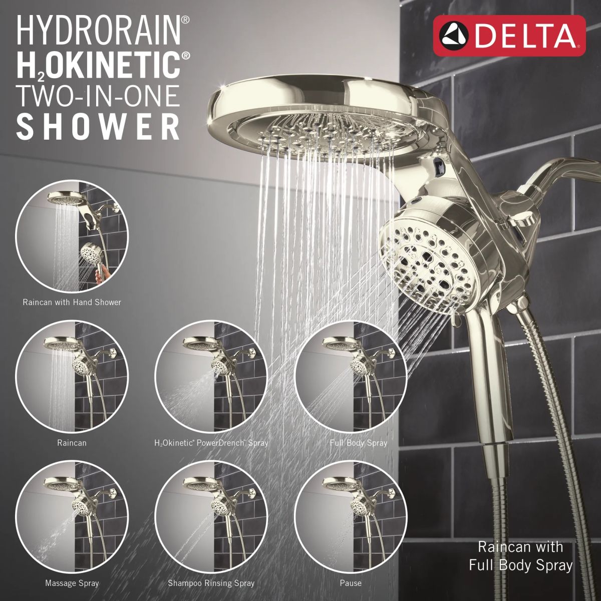 DELTA Universal Showering Components 6-Setting HydroRain with ProClean — Lumicoat® Polished Nickel