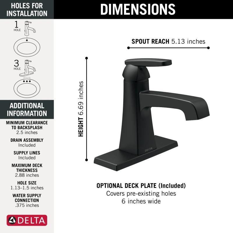 DELTA Ashlyn Single Handle Lavatory Faucet - Metal Pop-Up — Matte Black