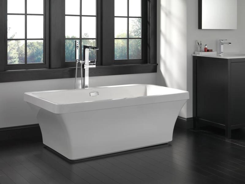 DELTA Ara Single Handle Floor Mount Channel Spout Tub Filler Trim with Hand Shower — Chrome