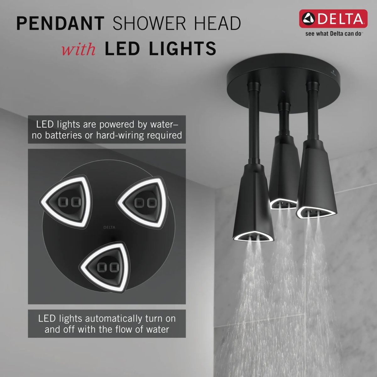 DELTA Universal Showering Components H2OKINETIC Pendant Raincan Shower Head with LED Light — Matte Black