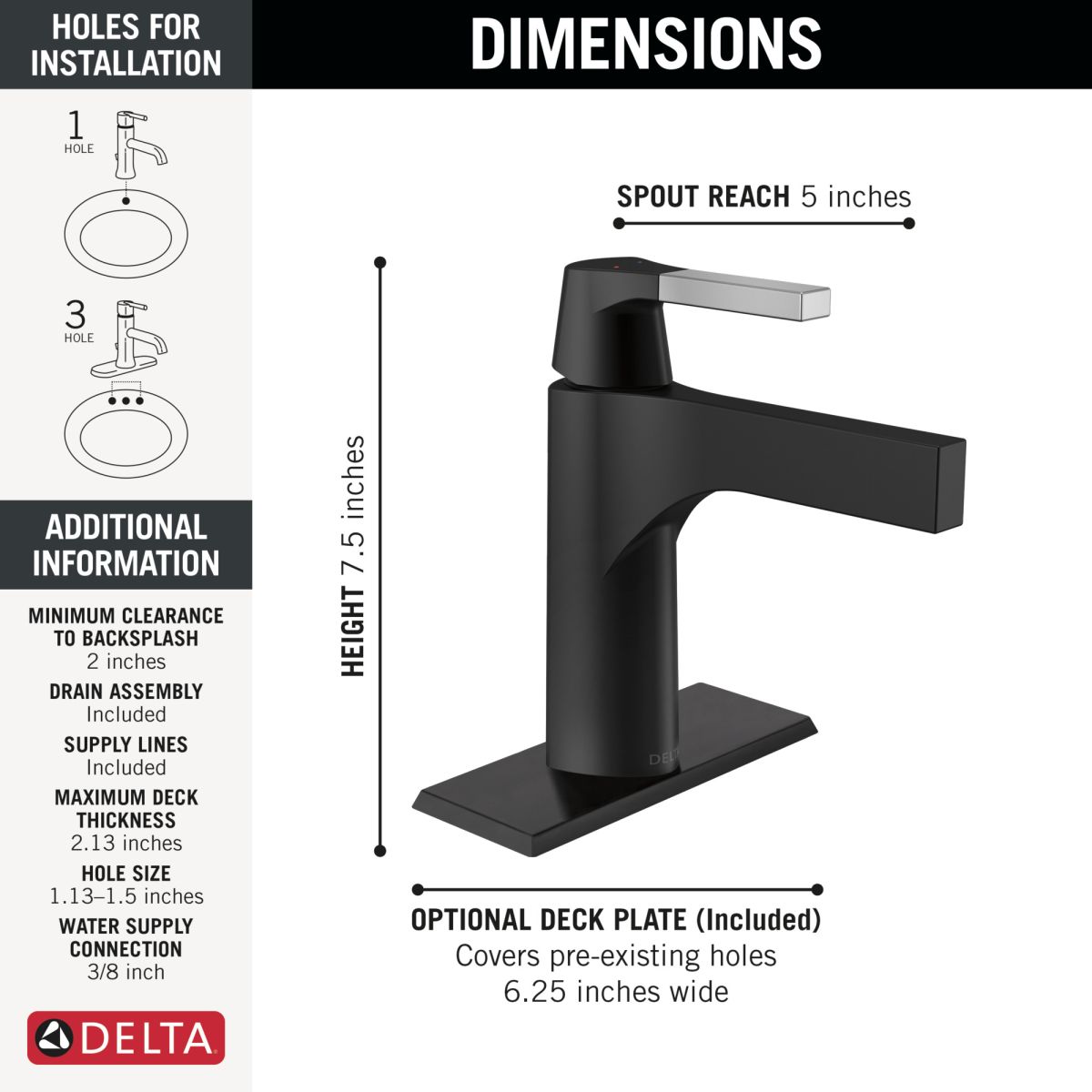 DELTA Zura Single Handle Bathroom Faucet — Chrome / Matte Black