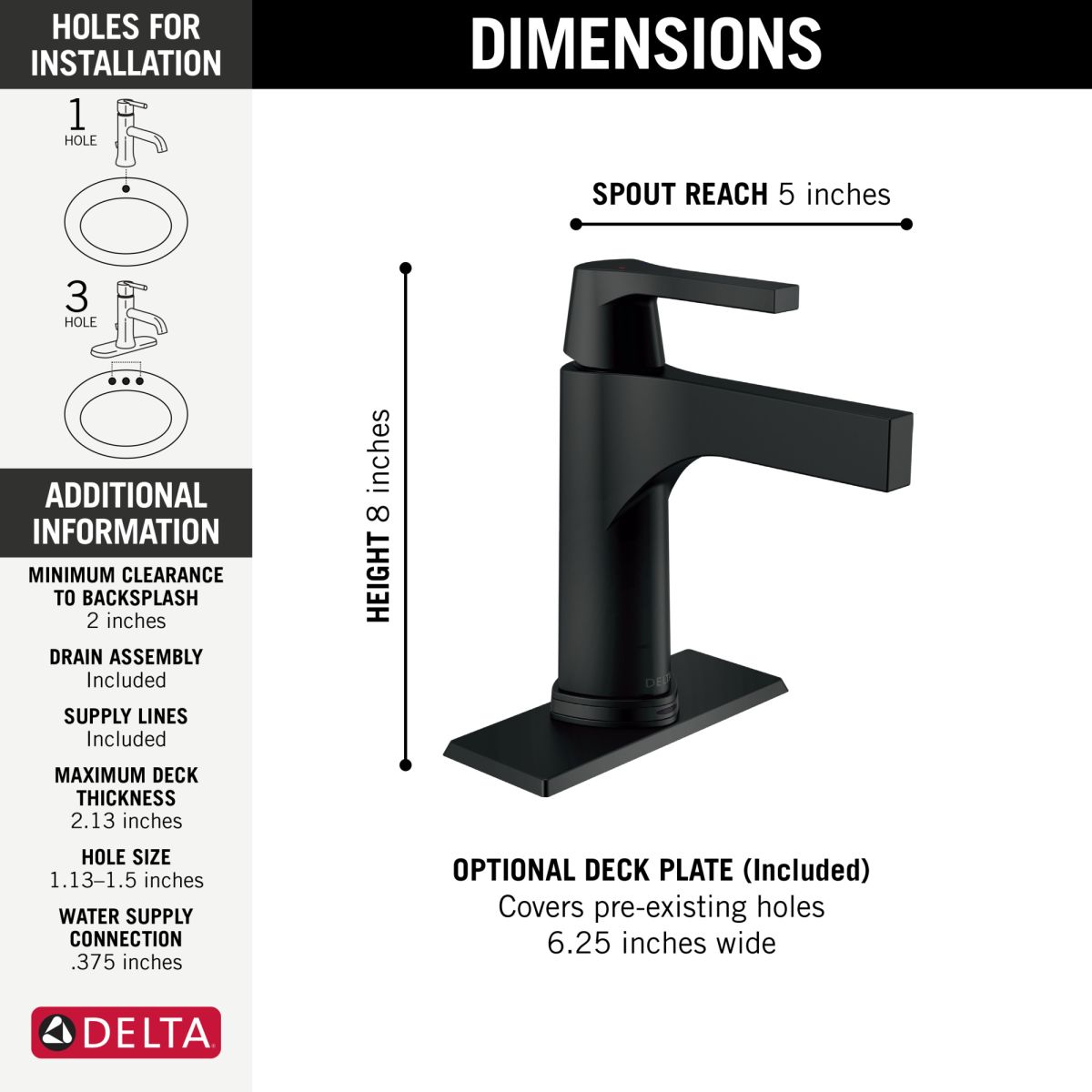 DELTA Zura Touch2O Bathroom Faucet with Touchless Technology — Matte Black