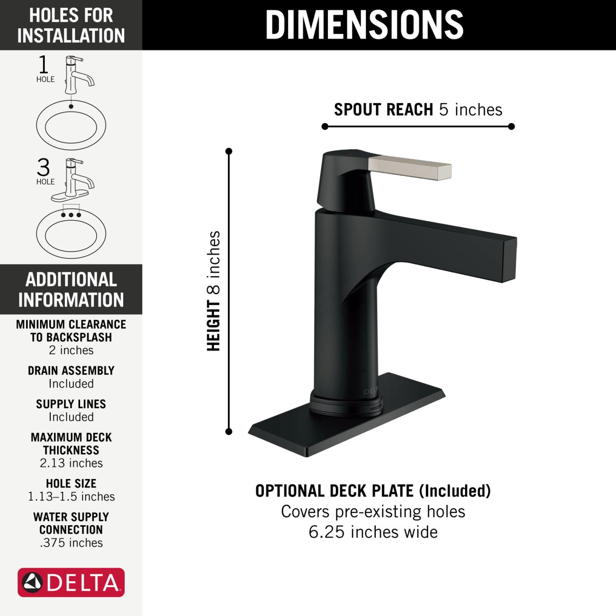 DELTA Zura Touch2O Bathroom Faucet with Touchless Technology — Matte Black / Stainless