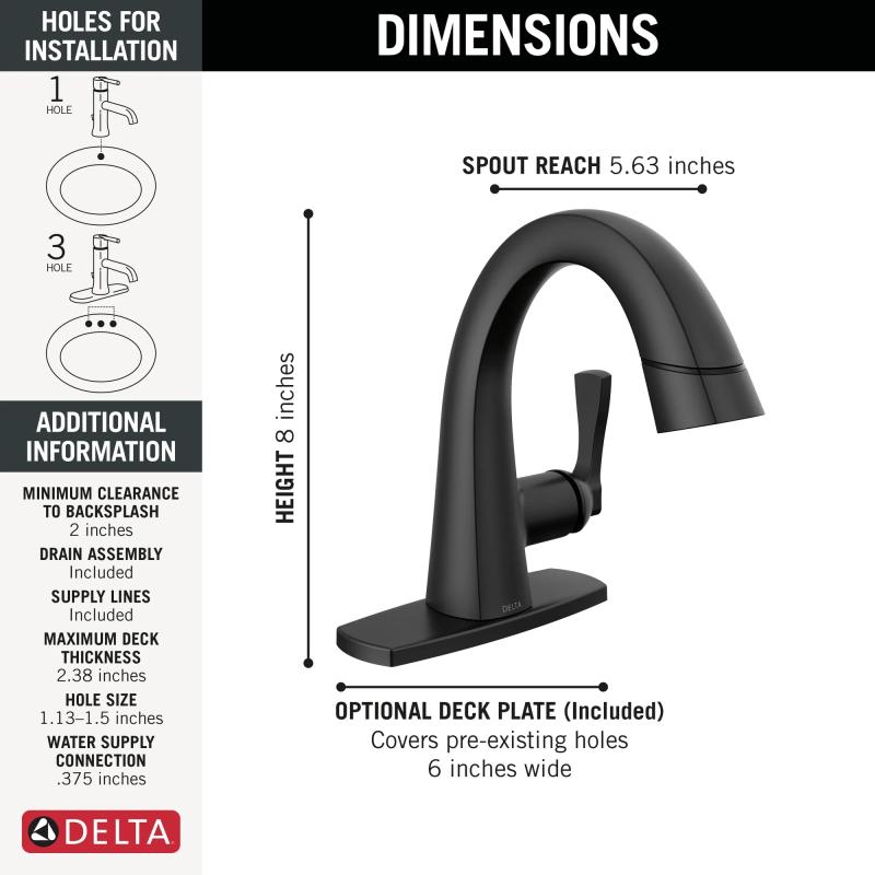 DELTA Stryke Single Handle Pull Down Bathroom Faucet — Matte Black