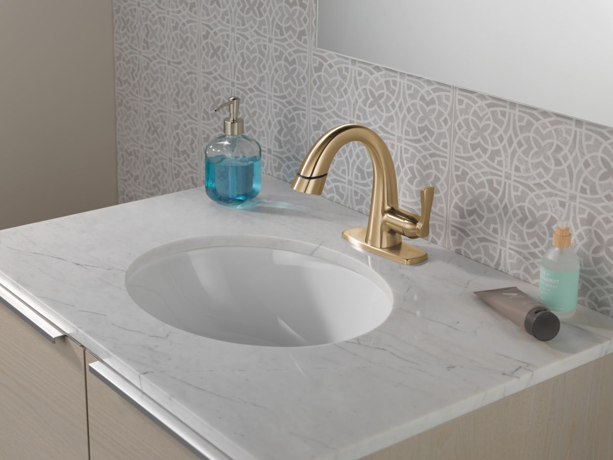 DELTA Stryke Single Handle Pull Down Bathroom Faucet — Lumicoat® Champagne Bronze