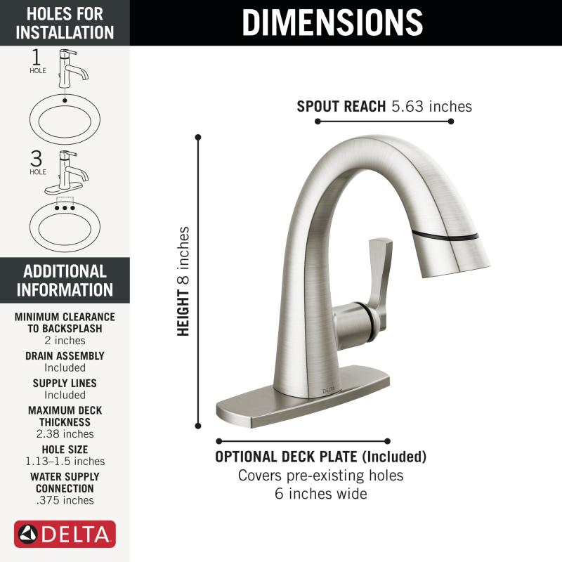 DELTA Stryke Single Handle Pull Down Bathroom Faucet — Lumicoat® Stainless