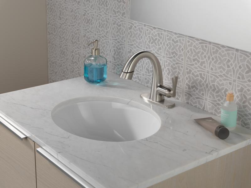 DELTA Stryke Single Handle Pull Down Bathroom Faucet — Lumicoat® Stainless