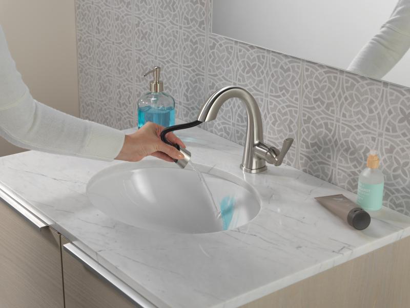 DELTA Stryke Single Handle Pull Down Bathroom Faucet — Lumicoat® Stainless