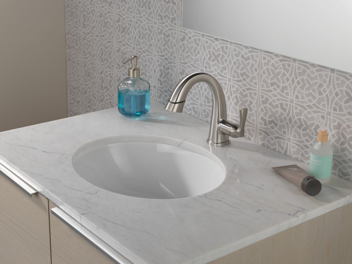 DELTA Stryke Single Handle Pull Down Bathroom Faucet — Lumicoat® Stainless
