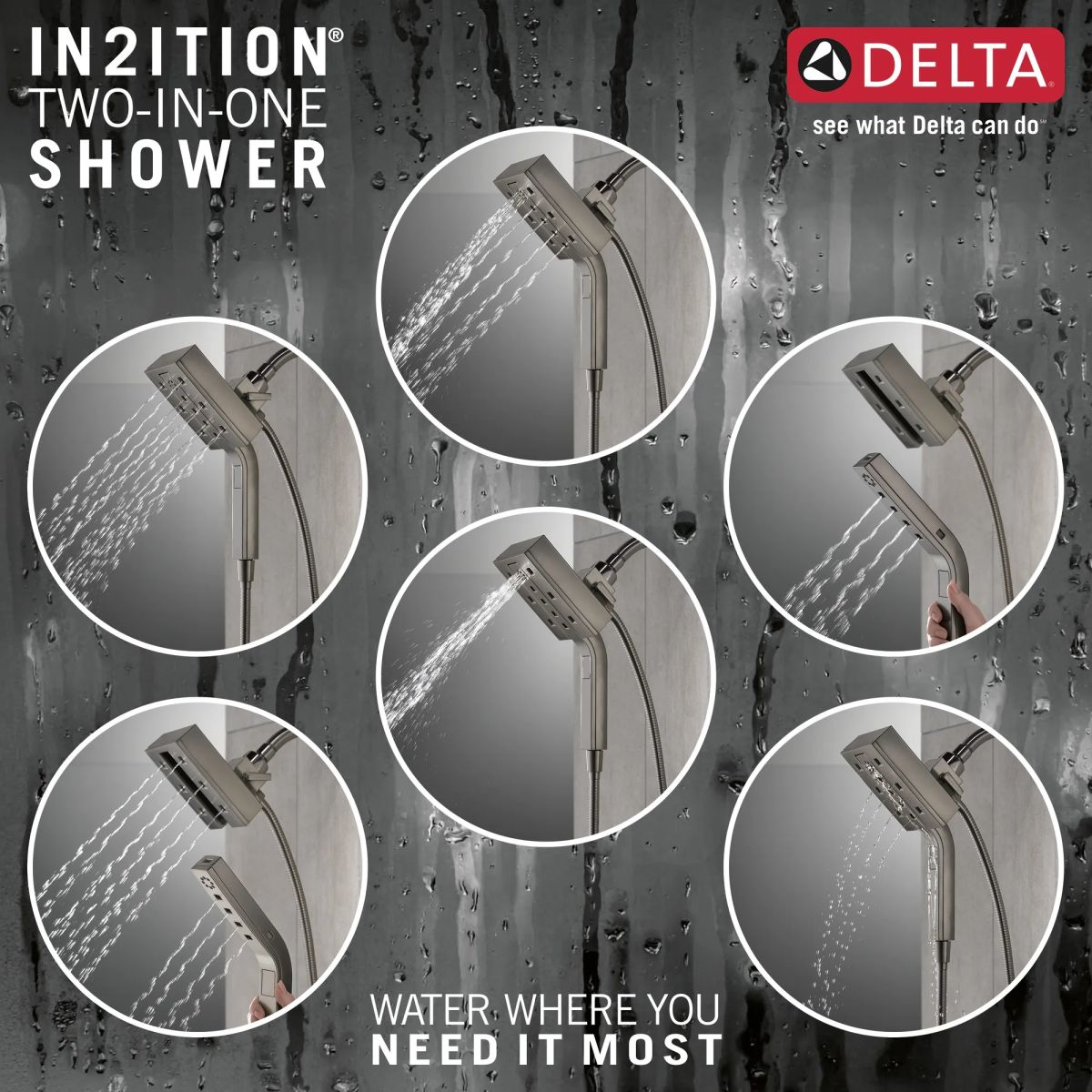 DELTA Universal Showering Components H2Okinetic In2ition 4-Setting Two-in-One Shower — Lumicoat® Black Stainless