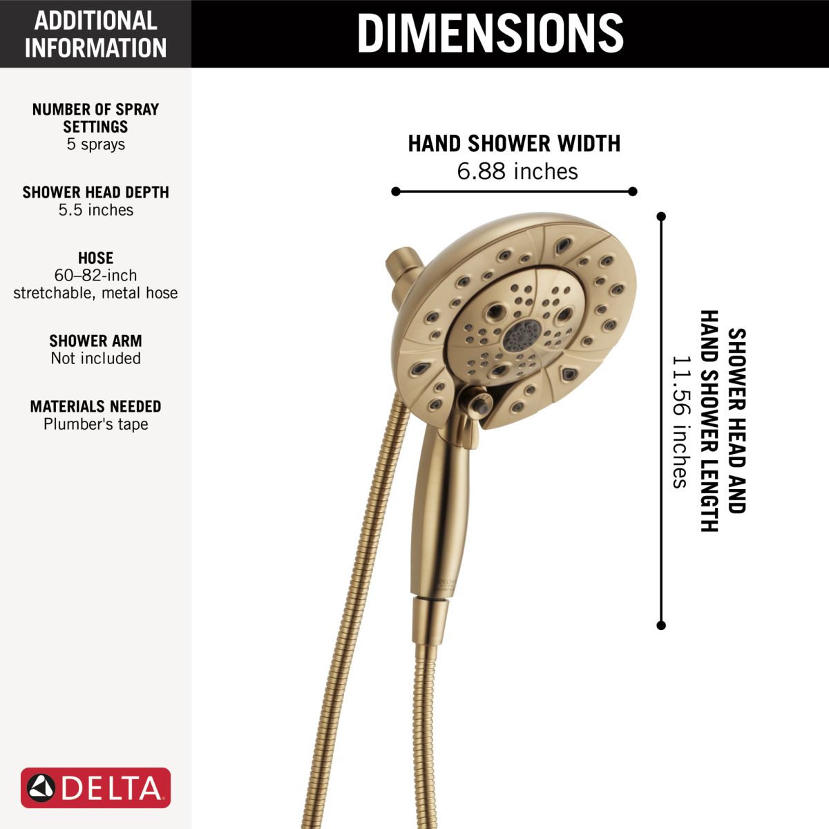 DELTA Universal Showering Components H2Okinetic In2ition 5-Setting Two-In-One Shower — Lumicoat® Champagne Bronze
