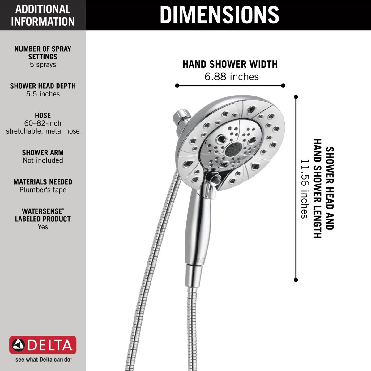 DELTA Universal Showering Components H2OKINETIC In2ition 5-Setting Two-in-One Shower — Chrome