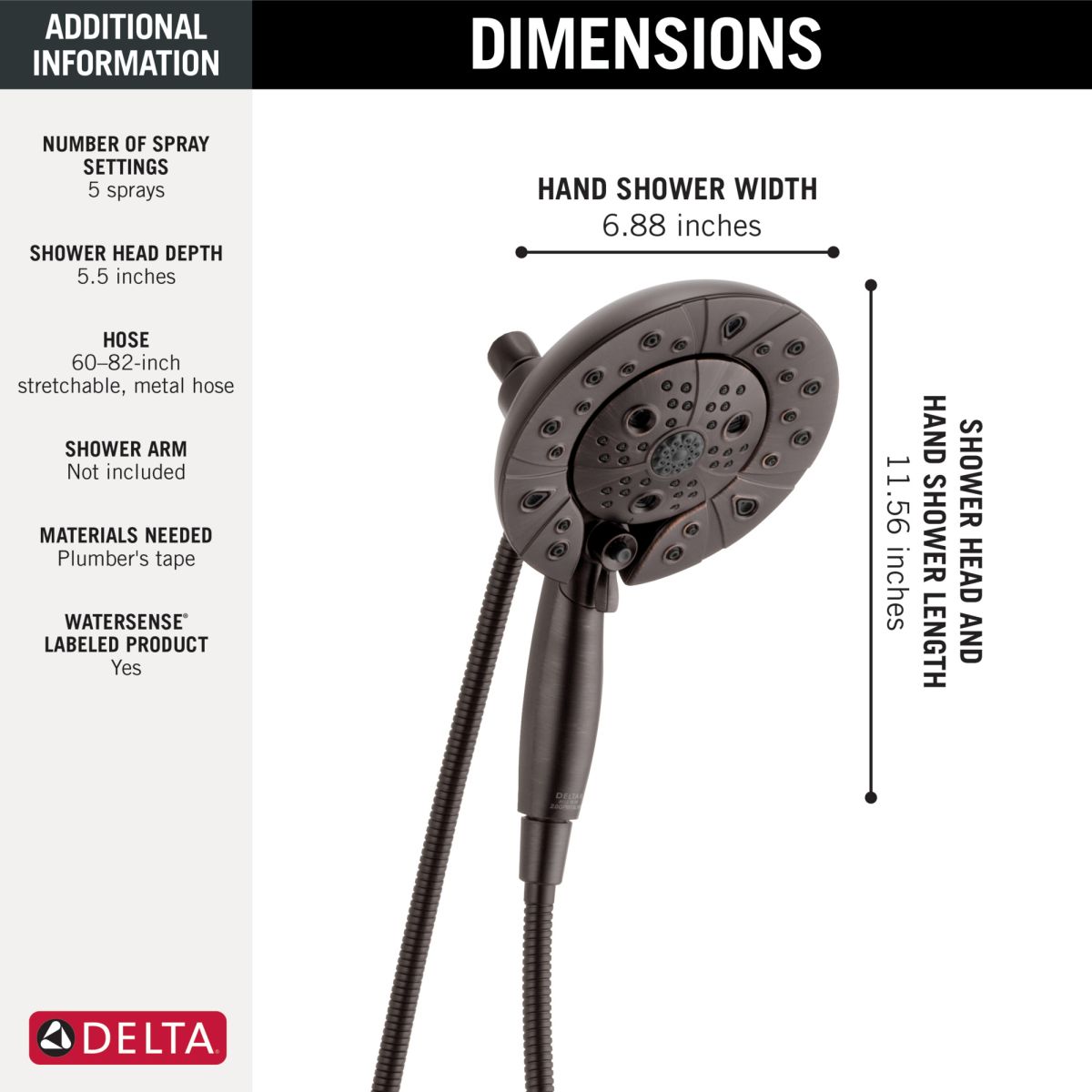 DELTA Universal Showering Components H2OKINETIC In2ition 5-Setting Two-in-One Shower — Venetian Bronze