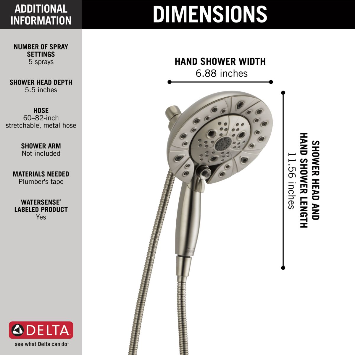 DELTA Universal Showering Components H2OKINETIC In2ition 5-Setting Two-in-One Shower — Stainless