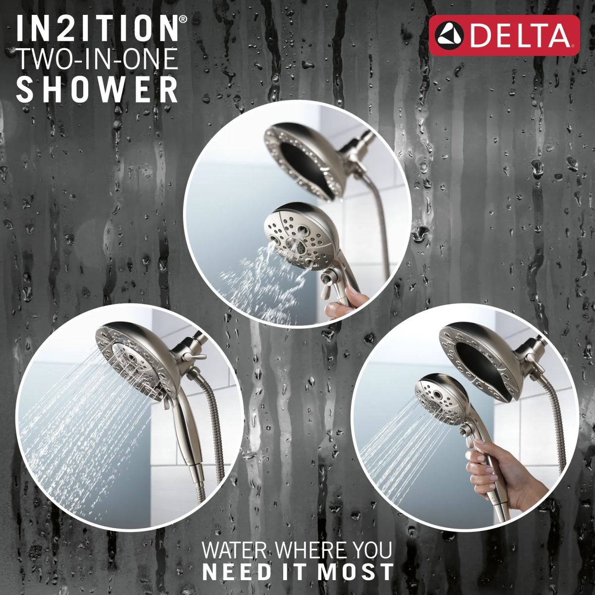 DELTA Universal Showering Components H2Okinetic In2ition 5-Setting Two-In-One Shower — Lumicoat® Stainless