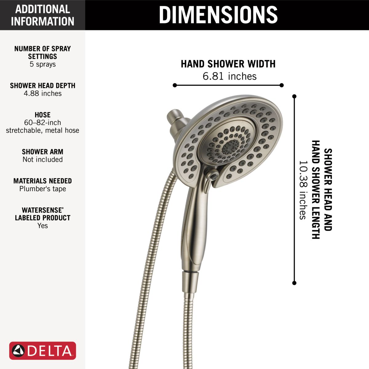 DELTA Universal Showering Components In2ition 5-Setting Two-In-One Shower — Lumicoat® Stainless