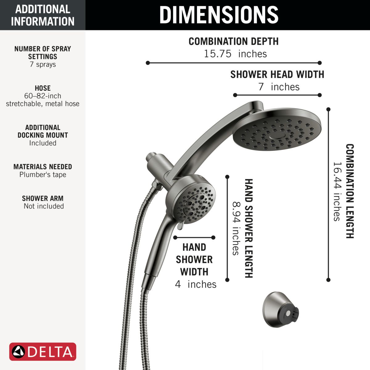DELTA Universal Showering Components PivotPro 3-in-1 Combination Shower — Lumicoat® Black Stainless
