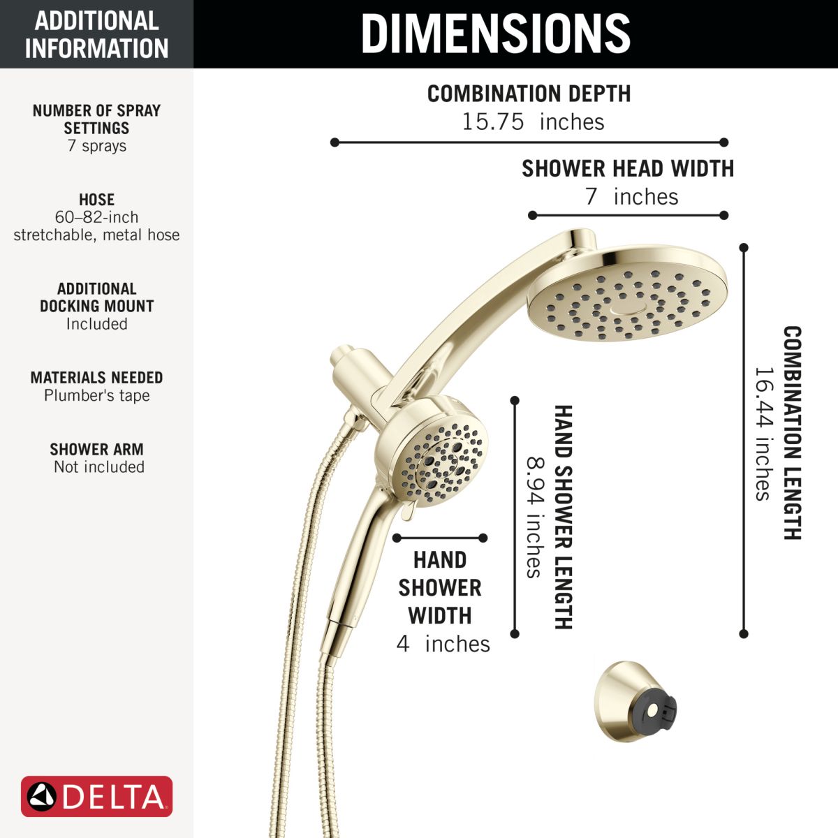 DELTA Universal Showering Components PivotPro 3-in-1 Combination Shower — Lumicoat® Polished Nickel