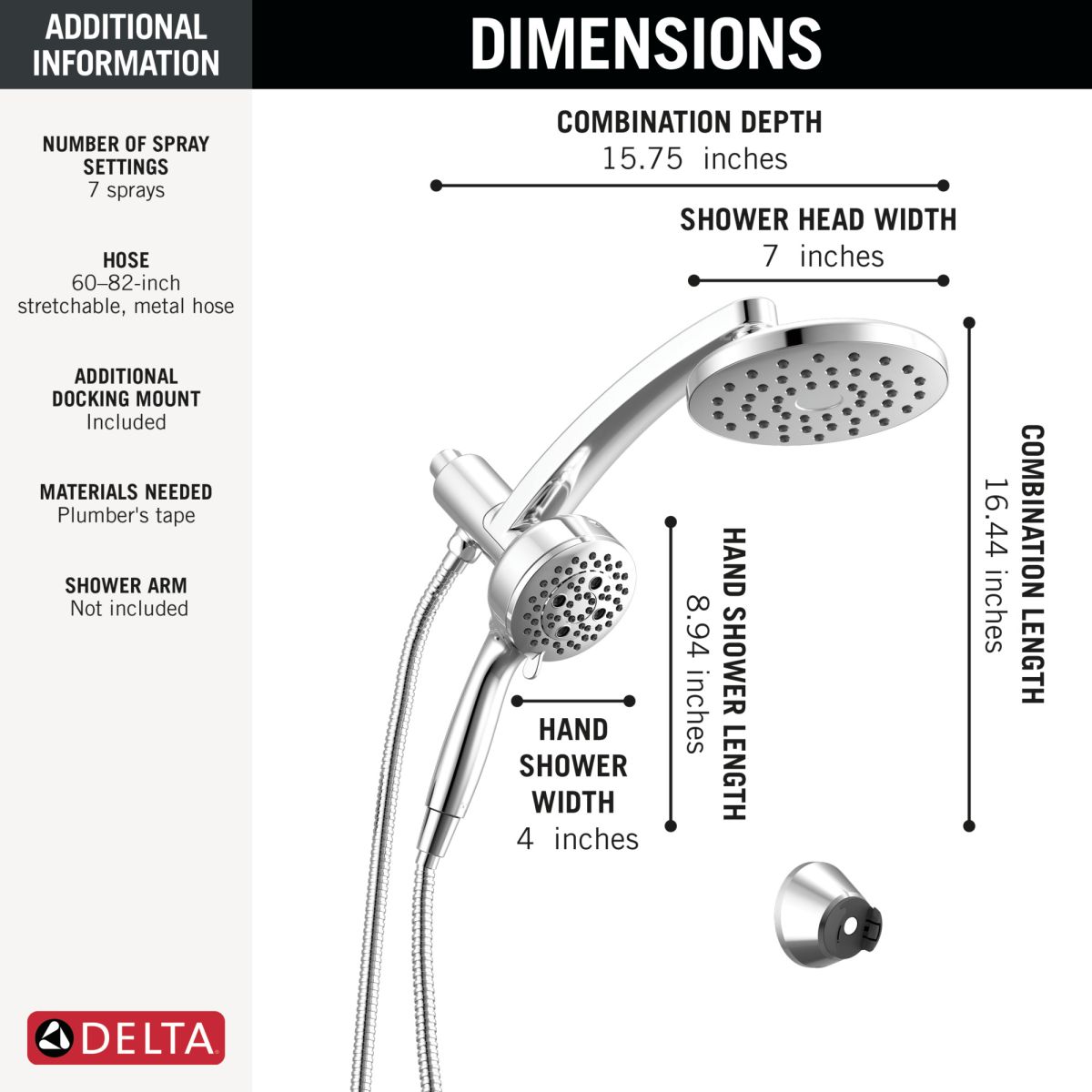 DELTA Universal Showering Components PivotPro 3-in-1 Combination Shower — Lumicoat® Chrome