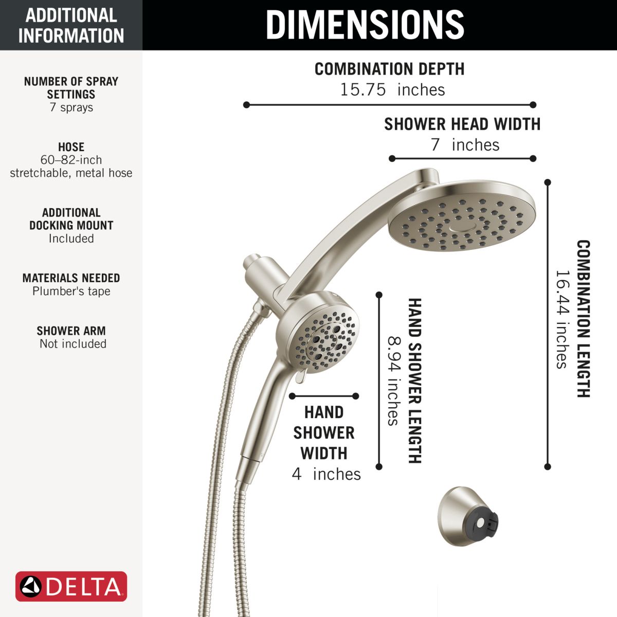 DELTA Universal Showering Components PivotPro 3-in-1 Combination Shower — Lumicoat® Stainless