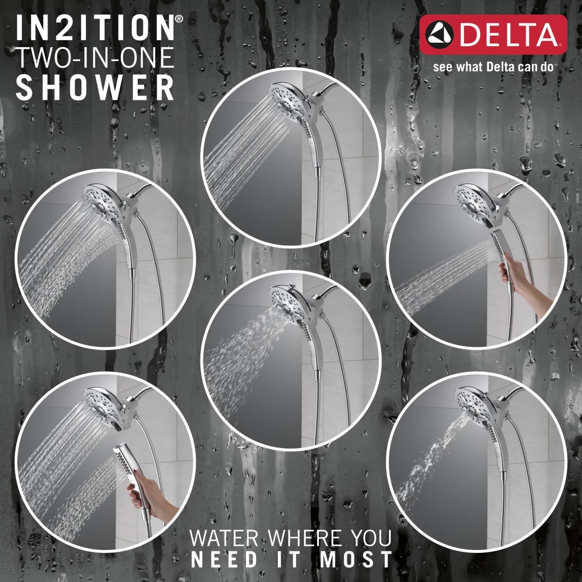 DELTA Universal Showering Components In2ition H2OKINETIC 5-Setting Two-in-One Shower — Chrome