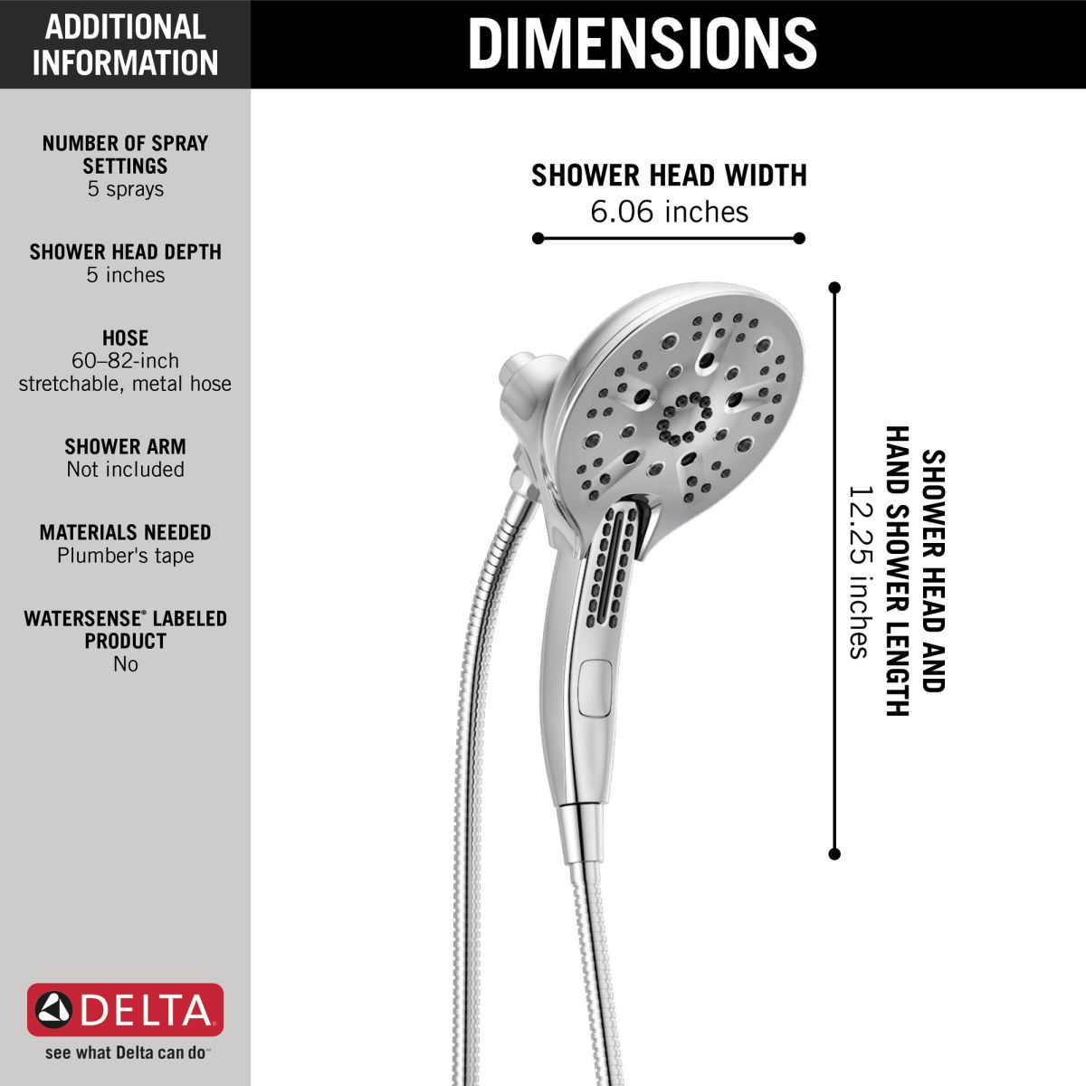 DELTA Universal Showering Components In2ition H2OKINETIC 5-Setting Two-in-One Shower — Chrome