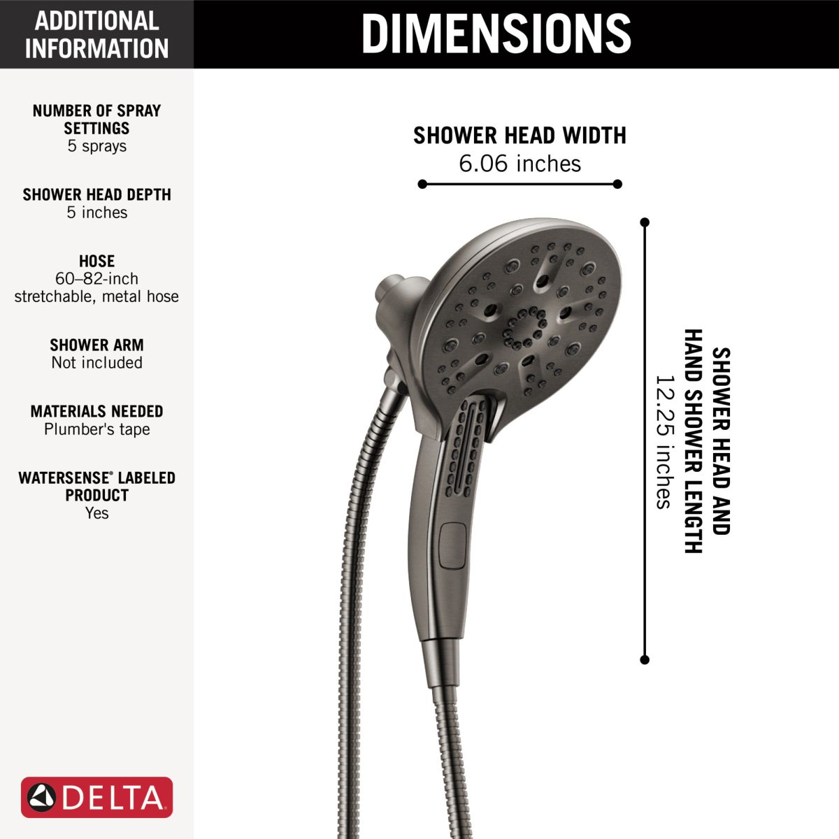 DELTA Universal Showering Components In2ition H2OKINETIC 5-Setting Two-in-One Shower — Lumicoat® Black Stainless