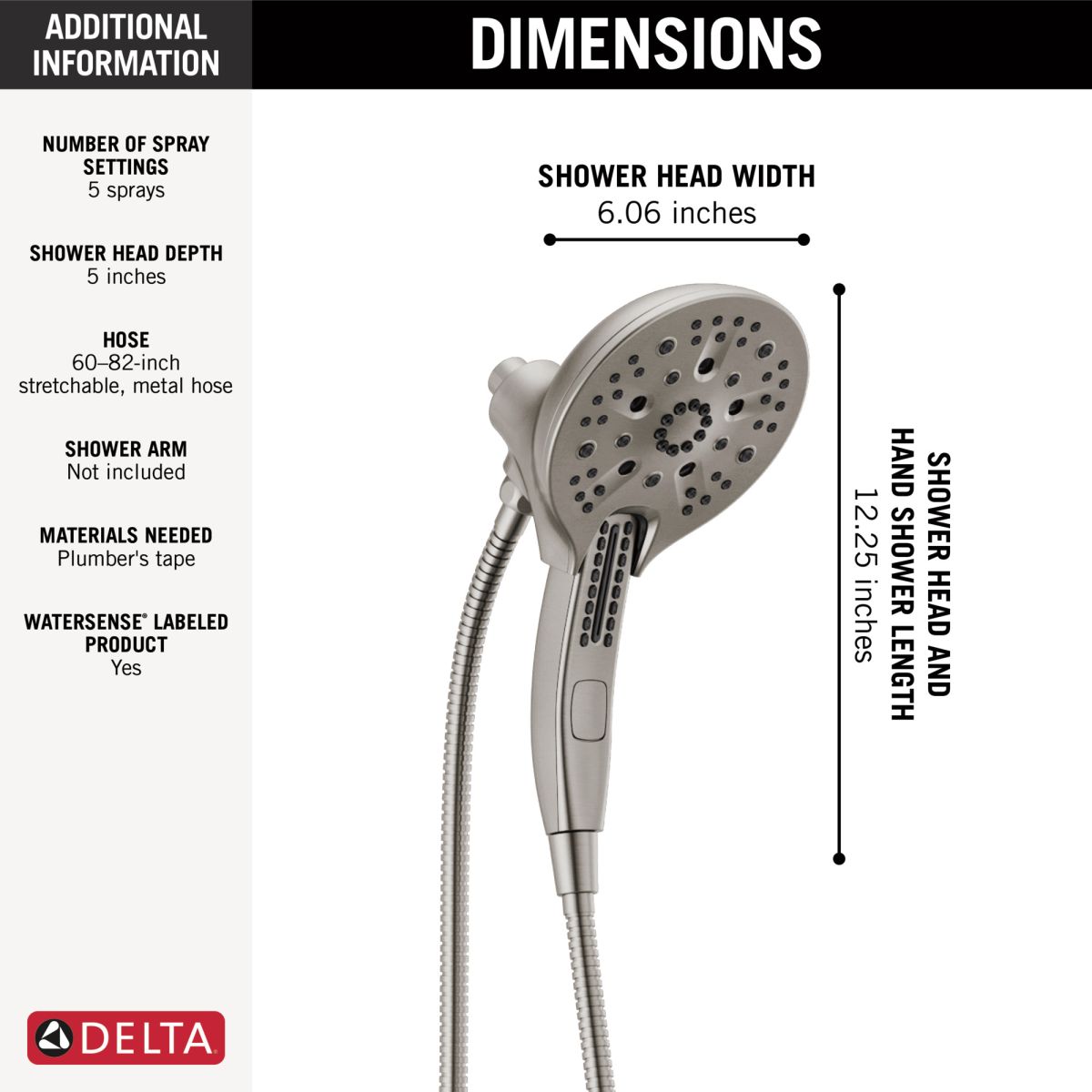 DELTA Universal Showering Components In2ition H2OKINETIC 5-Setting Two-in-One Shower — Lumicoat® Stainless