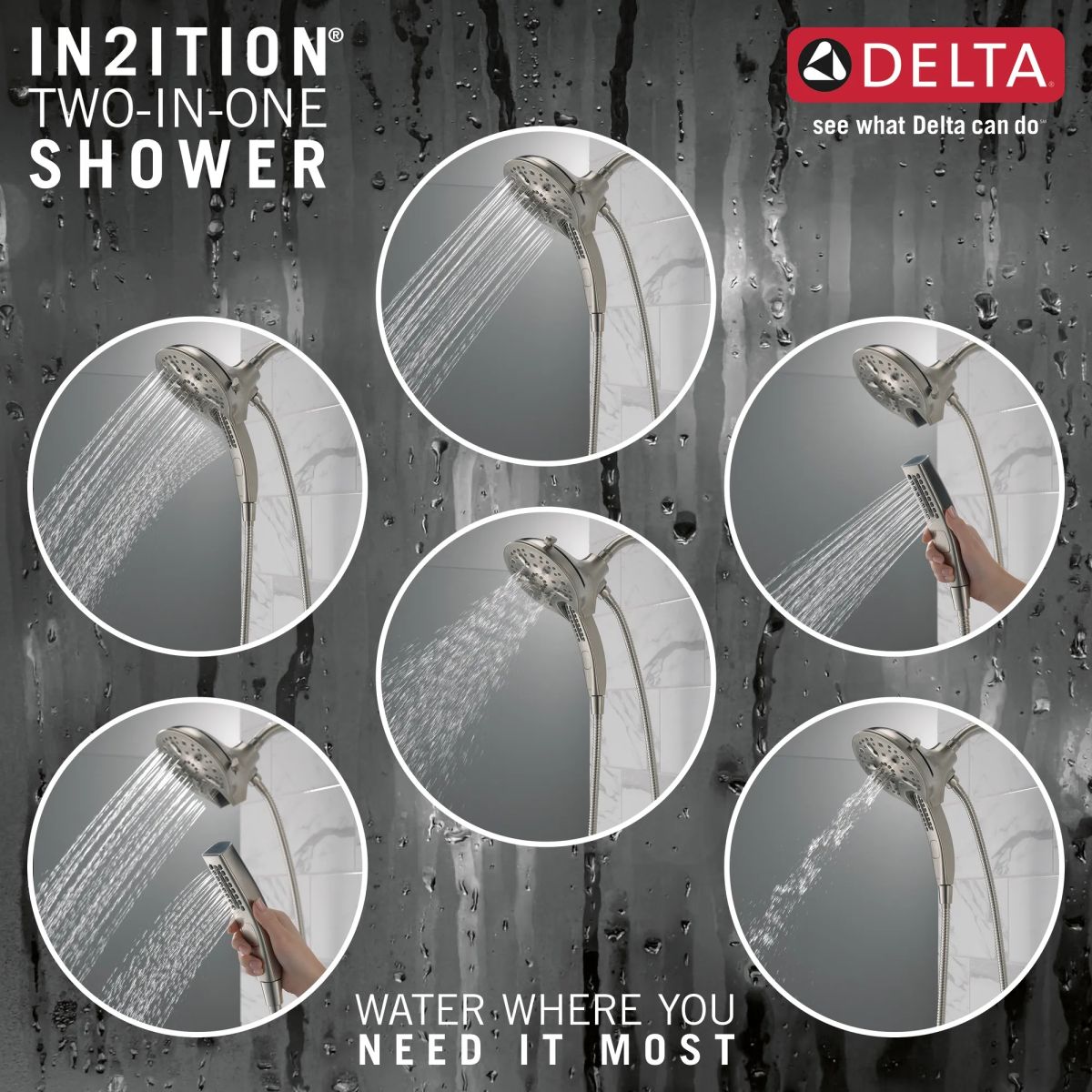 DELTA Universal Showering Components In2ition H2OKINETIC 5-Setting Two-in-One Shower — Stainless