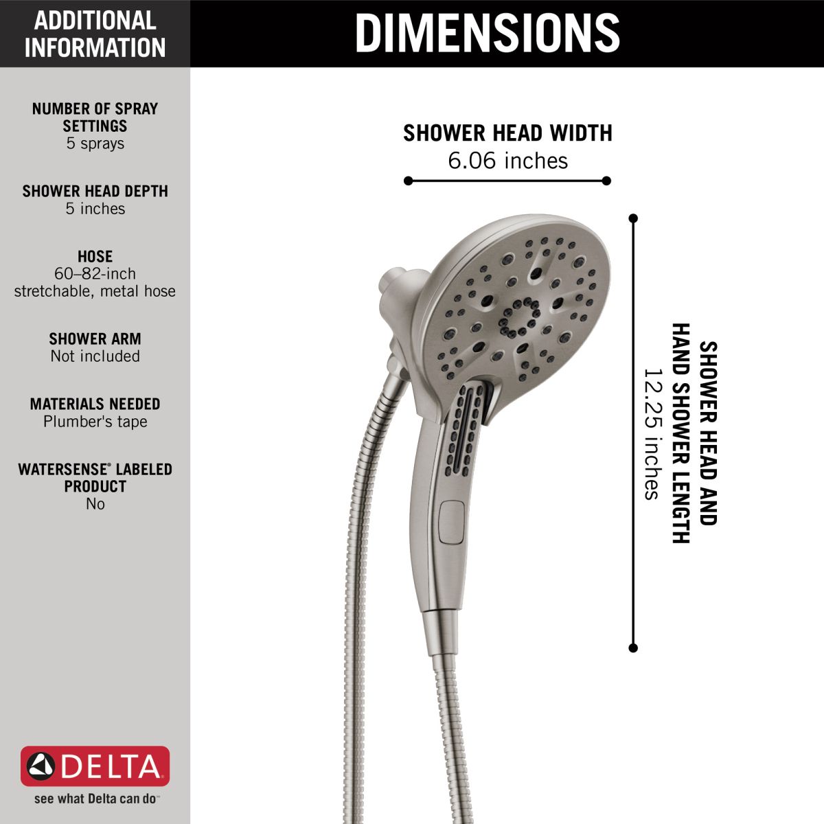 DELTA Universal Showering Components In2ition H2OKINETIC 5-Setting Two-in-One Shower — Stainless