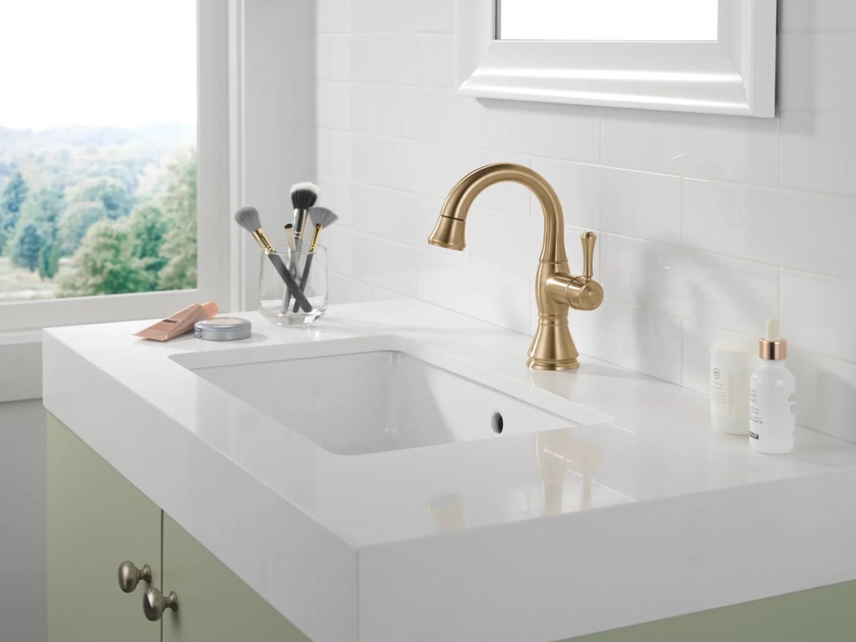 DELTA Cassidy Single Handle Pull Down Bathroom Faucet — Champagne Bronze