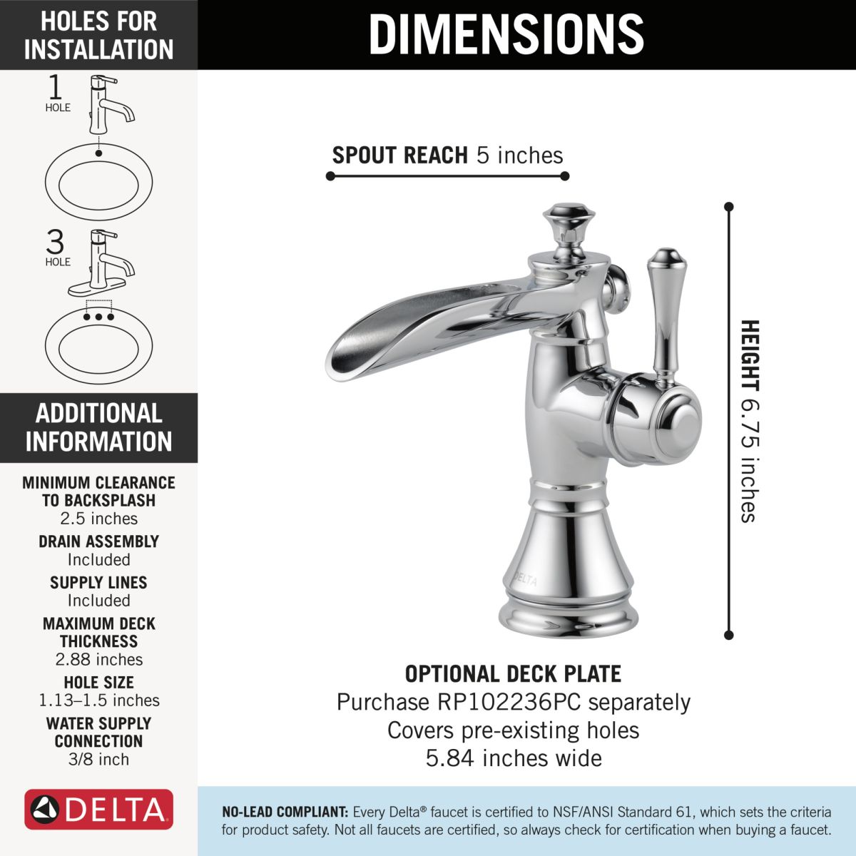 DELTA Cassidy Single Handle Channel Bathroom Faucet — Chrome
