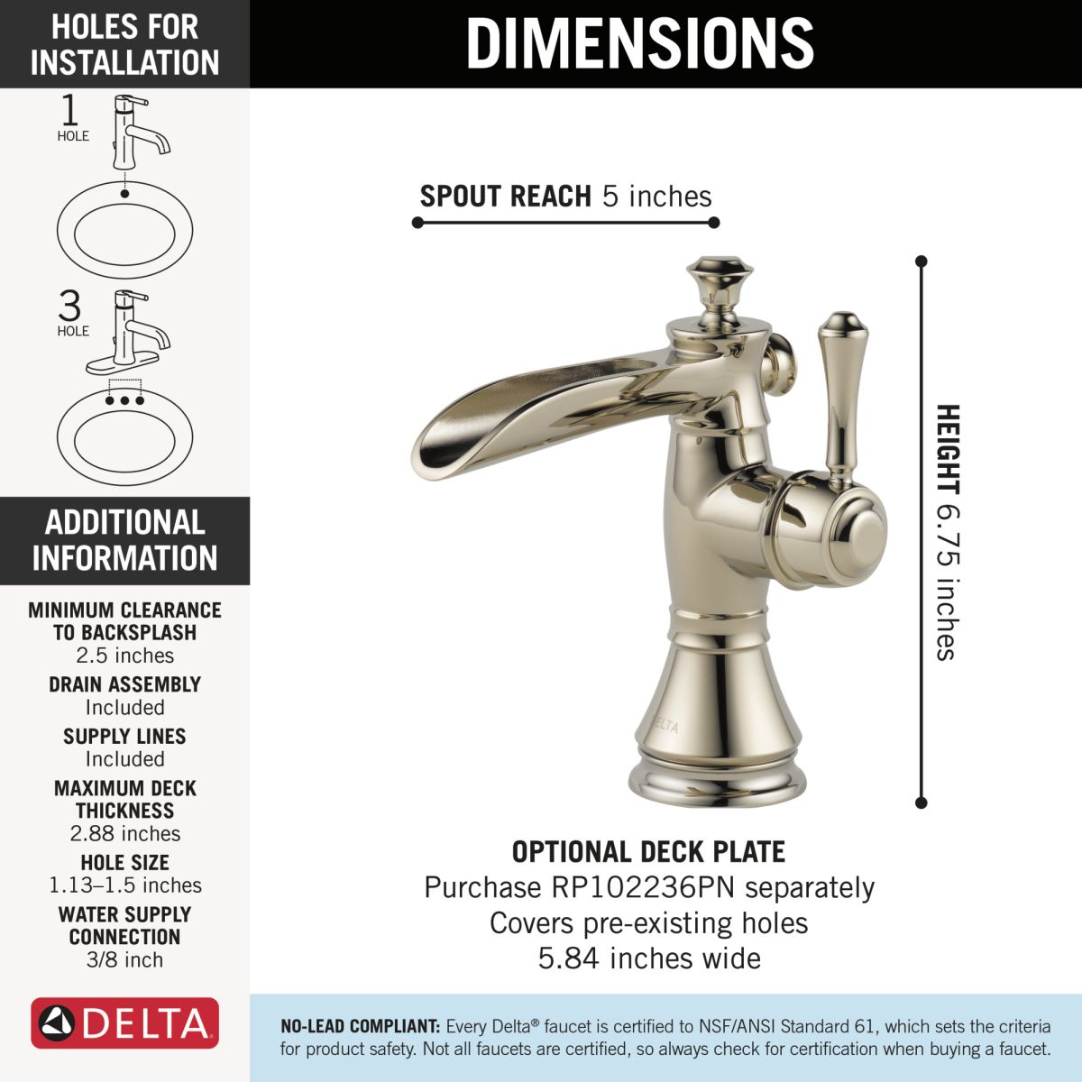 DELTA Cassidy Single Handle Channel Bathroom Faucet — Polished Nickel