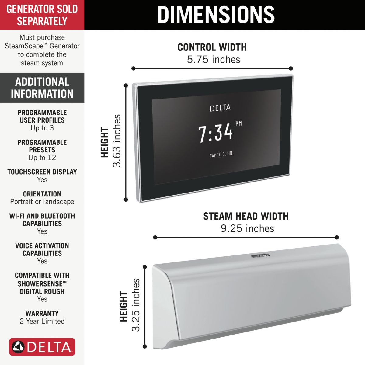 DELTA Universal Showering Components Unilateral Digital Steam Package — Lumicoat® Chrome