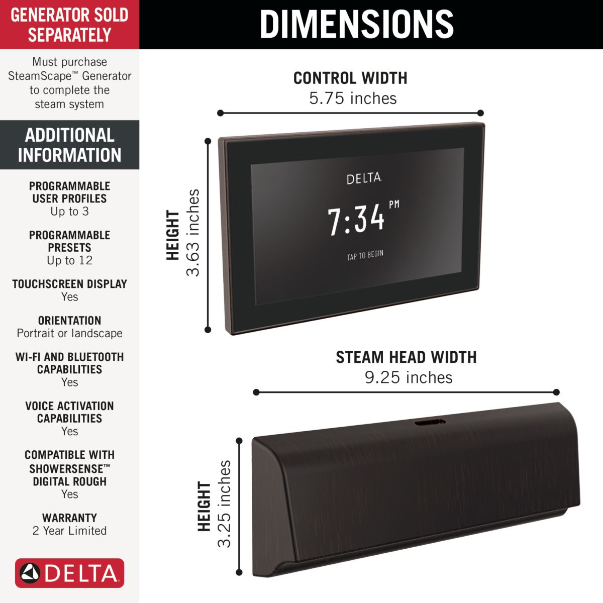 DELTA Universal Showering Components Unilateral Digital Steam Package — Venetian Bronze