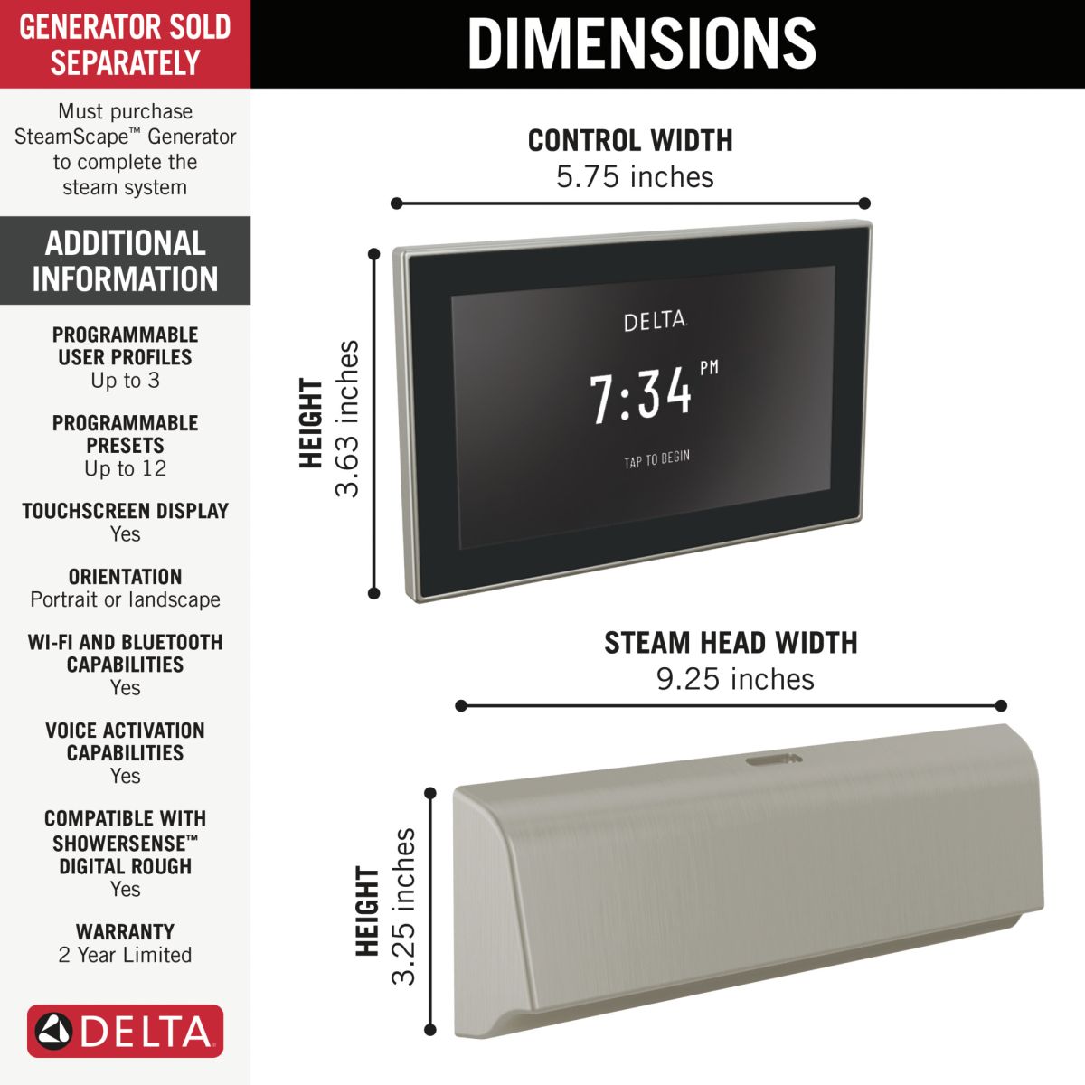 DELTA Universal Showering Components Unilateral Digital Steam Package — Lumicoat® Stainless